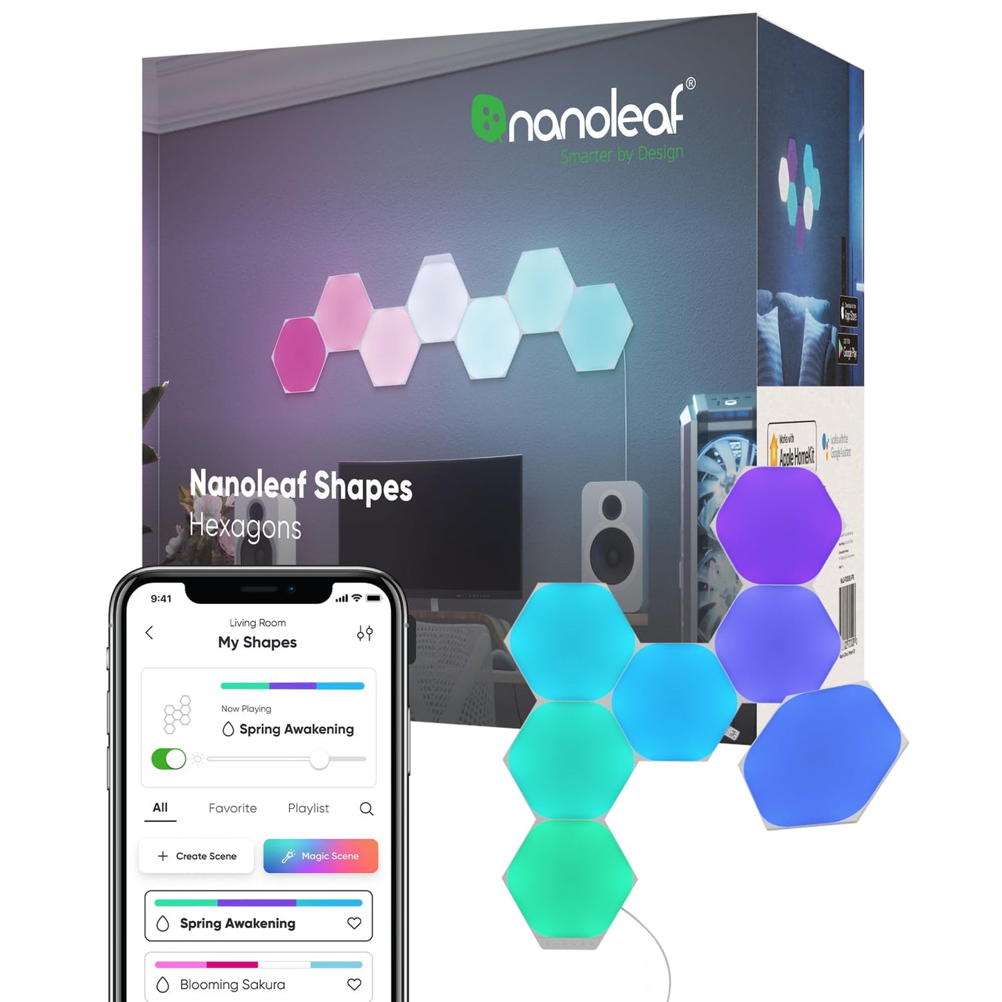 Nanoleaf Shapes WiFi and Thread Smart RGBW 16M+ Color LED Dimmable Gaming and Home Decor Wall Lights Starter Kit Hexagons 7 Pack