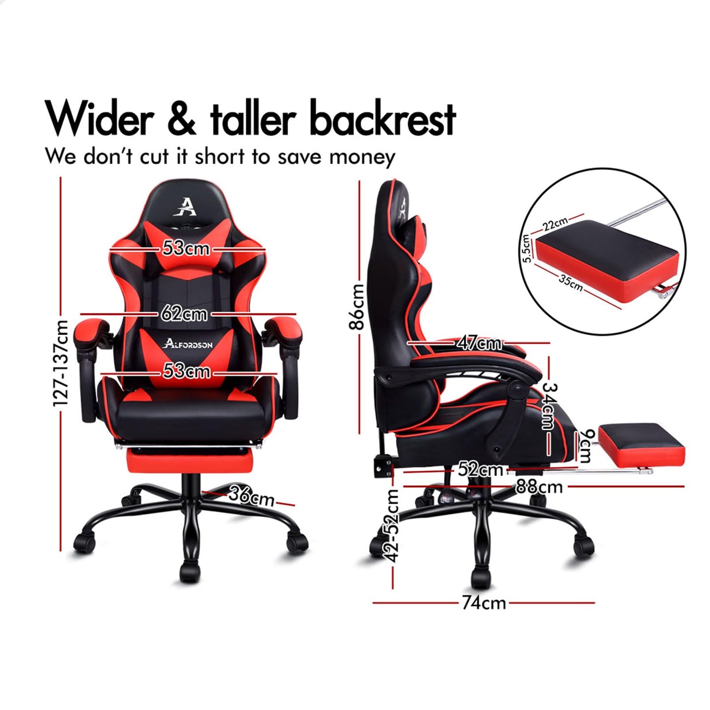 ALFORDSON Gaming Chair with Massage and 150° Recline, Ergonomic Executive Office Chair PU Leather with Footrest, Height Adjustable Racing Chair with SGS Listed Gas-Lift, 180kg Capacity (Vogler Red)