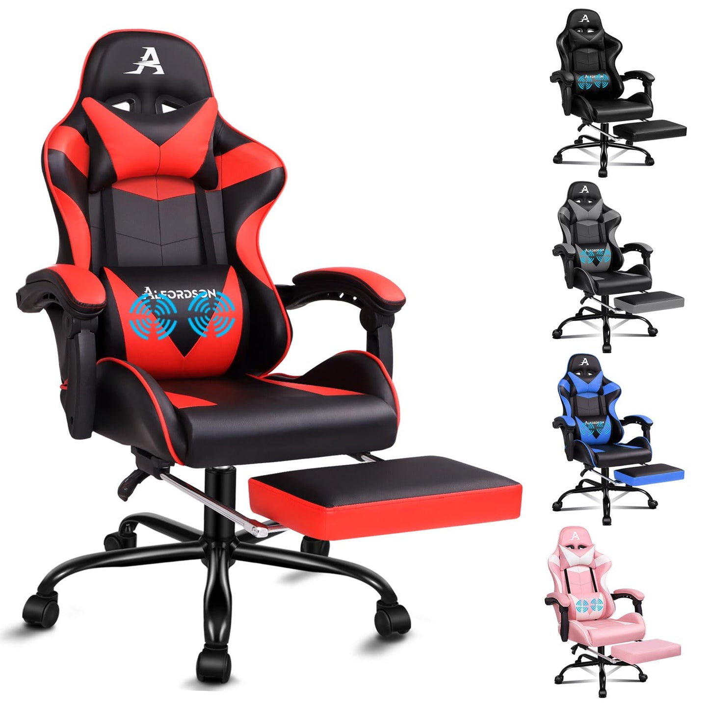 ALFORDSON Gaming Chair with Massage and 150° Recline, Ergonomic Executive Office Chair PU Leather with Footrest, Height Adjustable Racing Chair with SGS Listed Gas-Lift, 180kg Capacity (Vogler Red)