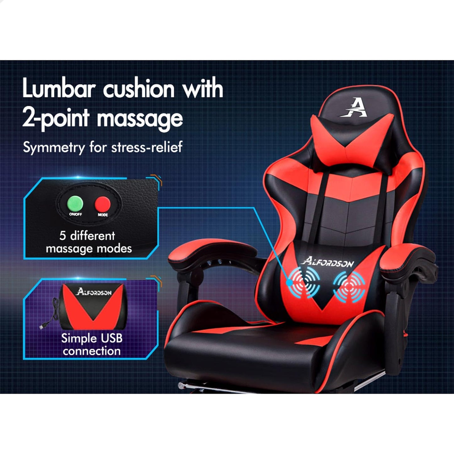 ALFORDSON Gaming Chair with Massage and 150° Recline, Ergonomic Executive Office Chair PU Leather with Footrest, Height Adjustable Racing Chair with SGS Listed Gas-Lift, 180kg Capacity (Vogler Red)