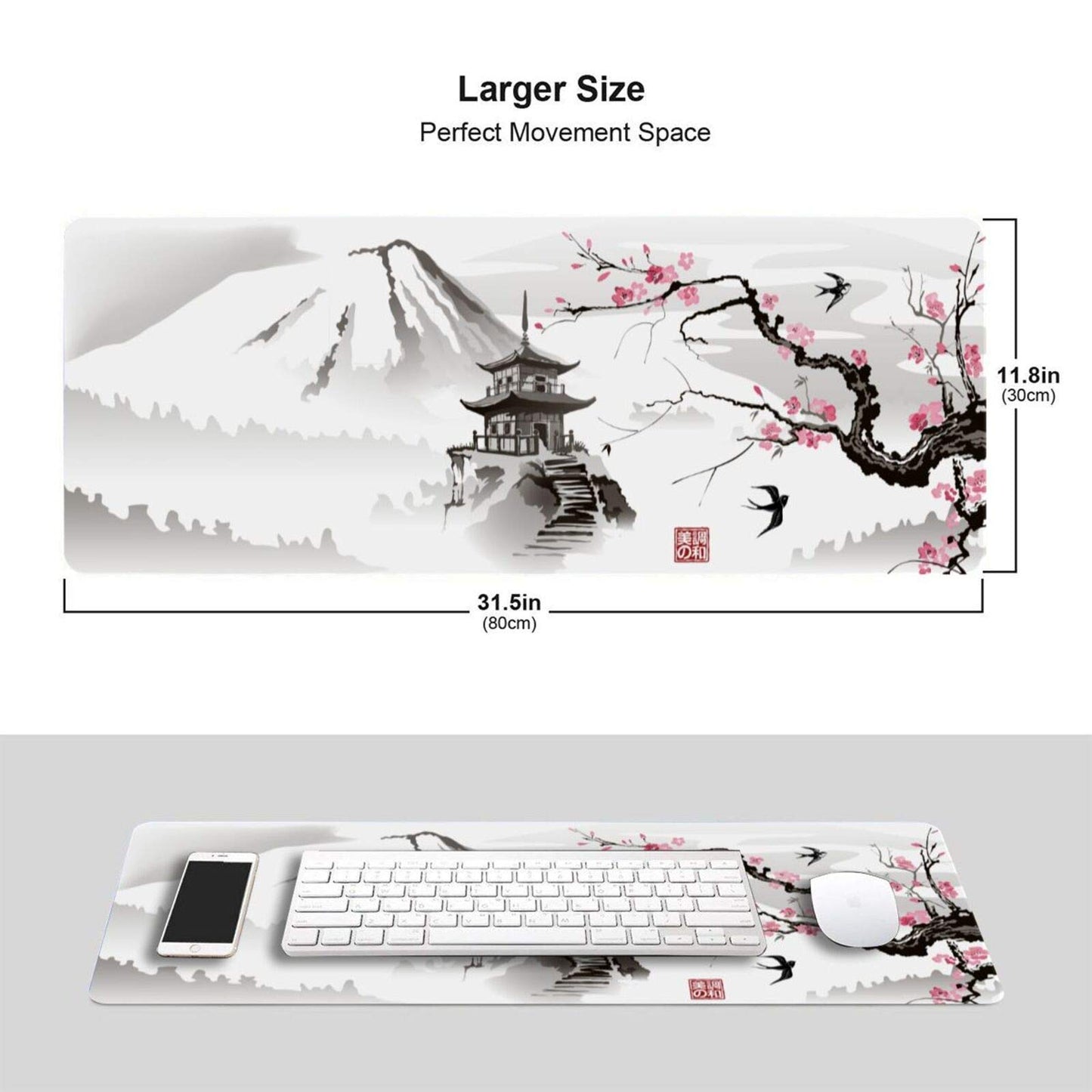 Japanese Cherry Blossom White Gaming Mouse Pad XL, Extended Large Mouse Mat Desk Pad, Stitched Edges Mousepad, Long Nonslip Rubber Base Mice Pad, 31.5 X 11.8 Inch