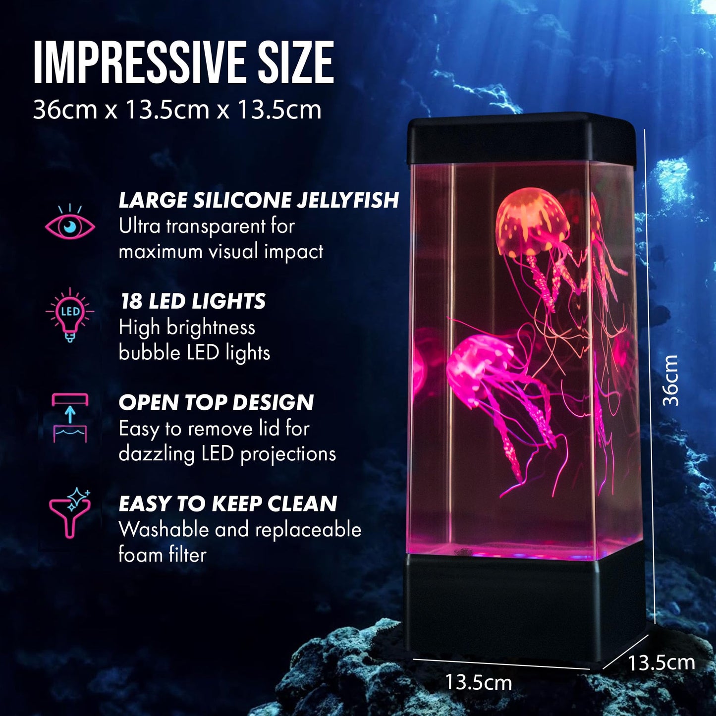 JINX Luminous Jellyfish Lava Lamp - Jelly Fish Lamp with 18 Colour LEDs, High-Performance Pump & 24/7 Quiet Operation - Aquarium Night Light - Lamps for Home, Office Decoration, Gifts - 230V AC Power