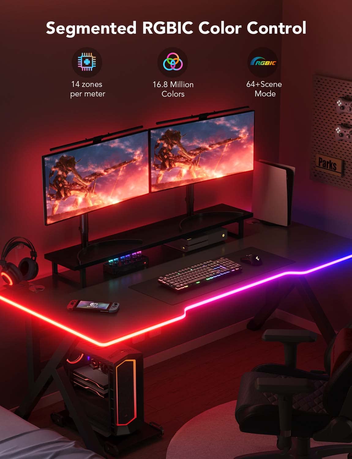Govee RGBIC Gaming Lights, 3M Neon Rope Lights Soft Lighting for Gaming Desks, LED Strip Lights Syncing with Razer Chroma, Support Cutting, Smart App Control, Music Sync, Adapter
