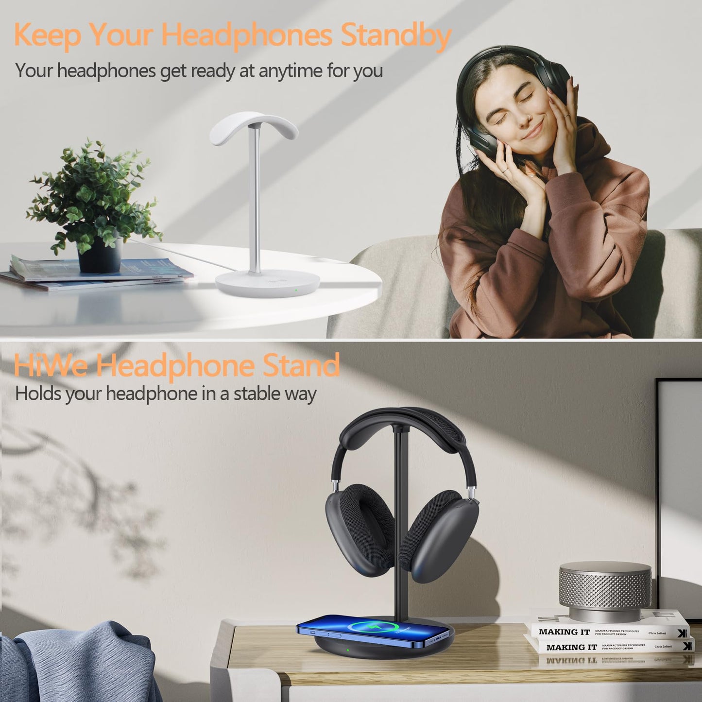 Headphone Stand with Wireless Charger, Gaming Headset Holder Hanger Rack 2 IN 1 Wireless Charging Station Dock for iPhone 15/14/13/12/11 Series, Samsung, AirPods Pro/3/2 and Desk All Headphones, Black