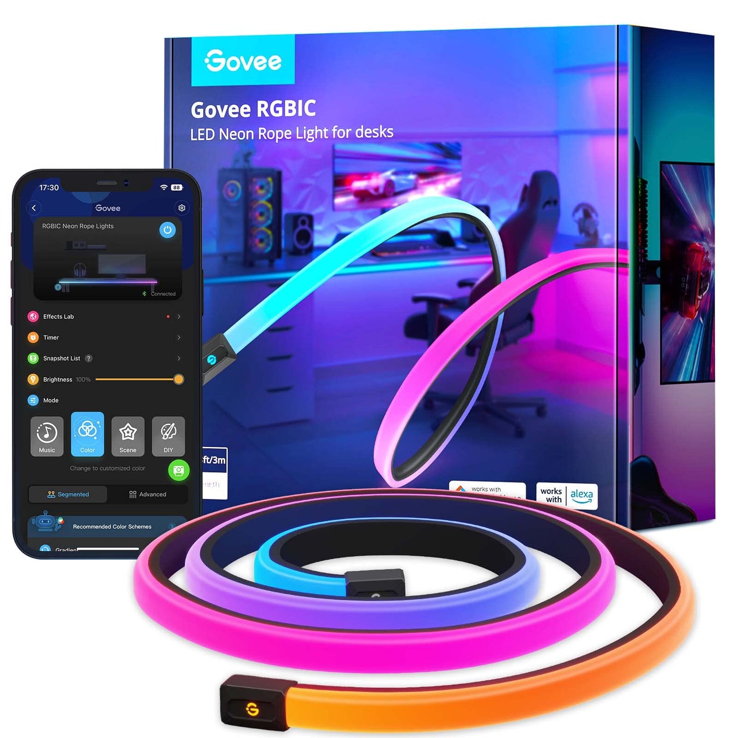 Govee RGBIC Gaming Lights, 3M Neon Rope Lights Soft Lighting for Gaming Desks, LED Strip Lights Syncing with Razer Chroma, Support Cutting, Smart App Control, Music Sync, Adapter