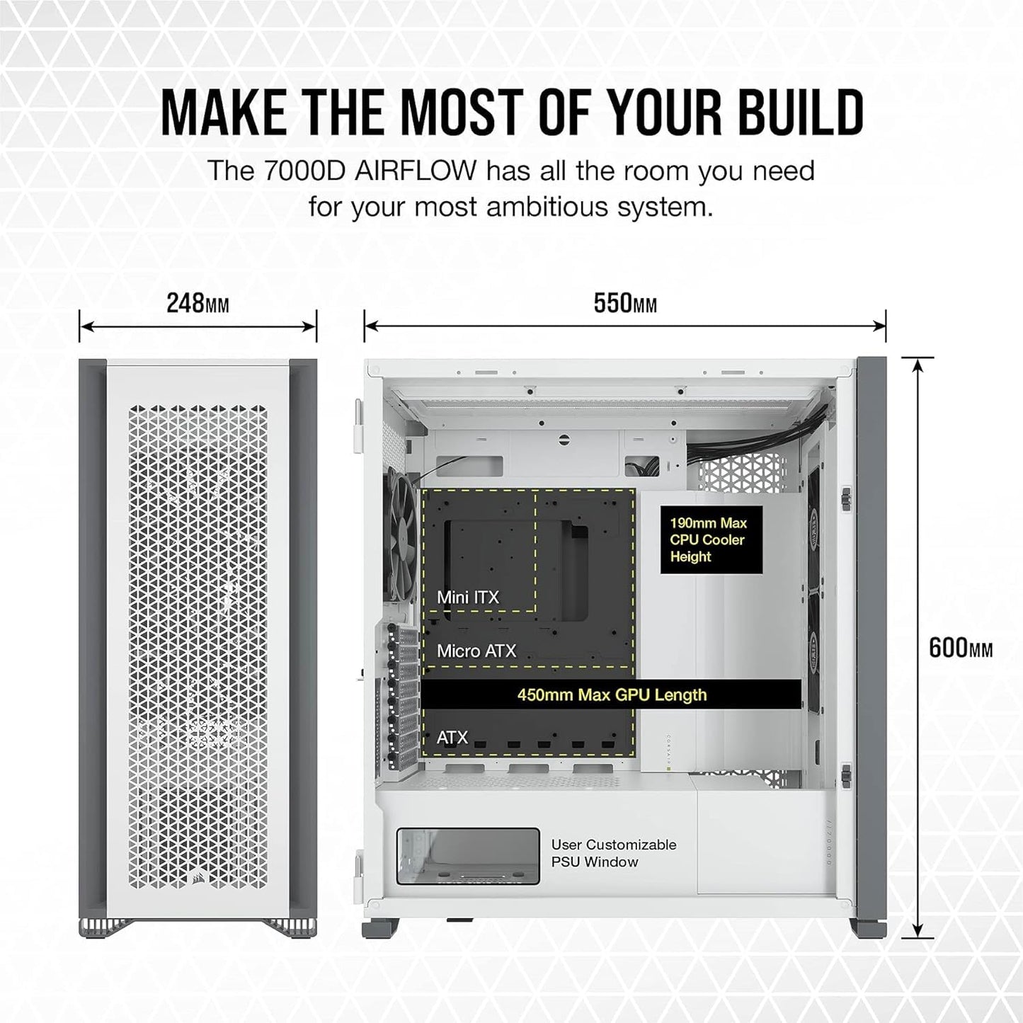 CORSAIR 7000D Airflow Full-Tower ATX PC Case (High-Airflow Front Panel, Three Included 140mm Fans with PWM Repeater, Easy Cable Management, Spacious Interior, Customisable Side Fan Mounts) White