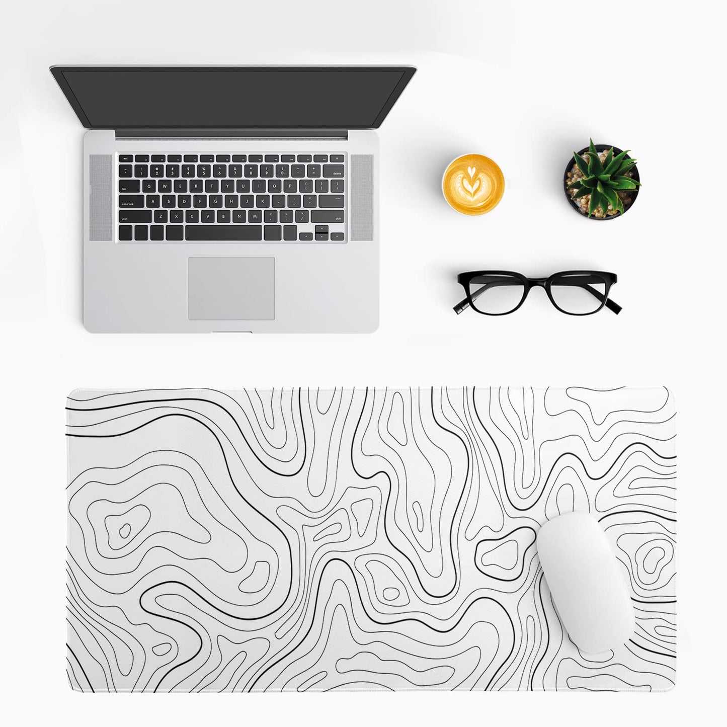 Siski Topographic Contour White Gaming Mouse Pad XL Geographic Map Lines Extended Big Large Desk Mat Non-Slip Rubber Base Stitched Edge Long Keyboard Mousepad for PC Computer Laptop,31.5x11.8 Inch