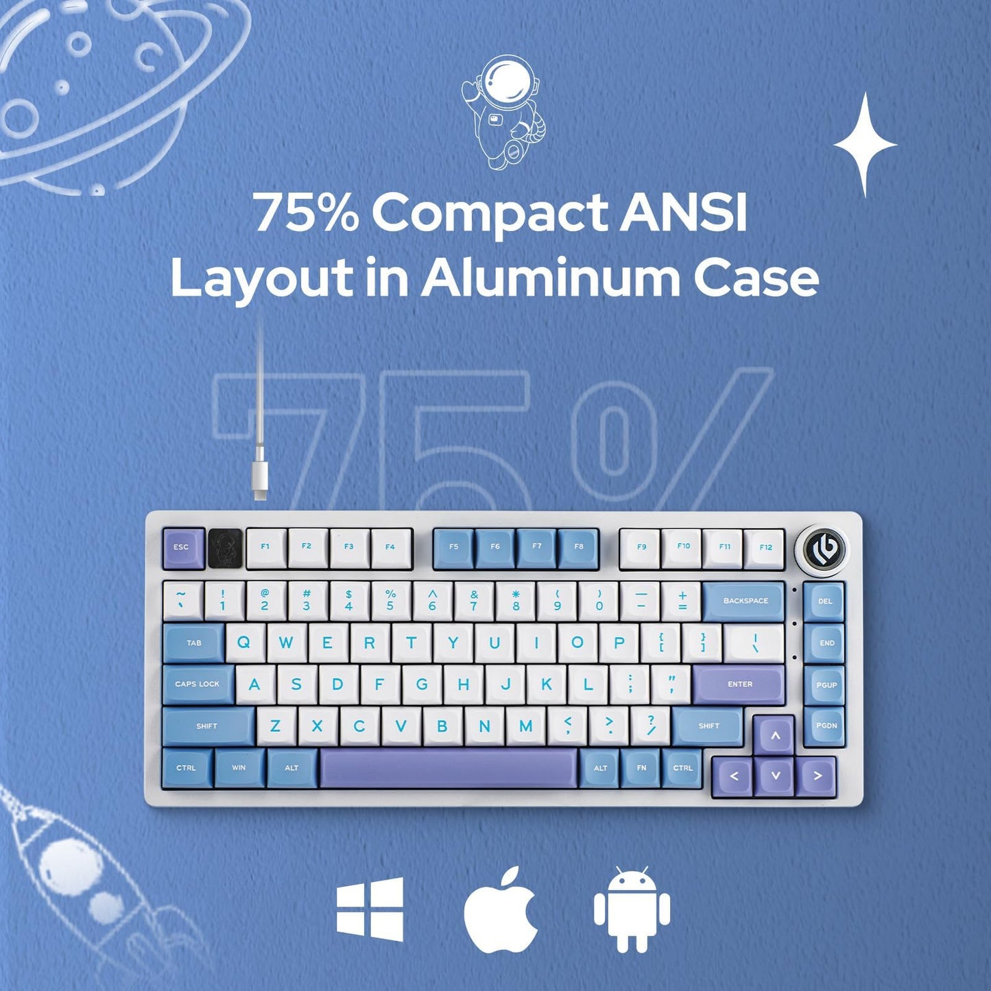 EPOMAKER x LEOBOG Hi75 Aluminum Alloy Wired Mechanical Keyboard, Programmable Gasket-Mounted Gaming Keyboard with Mode-Switching Knob, Hot Swappable, NKRO, RGB (White Purple, Nimbus V3 Switch)
