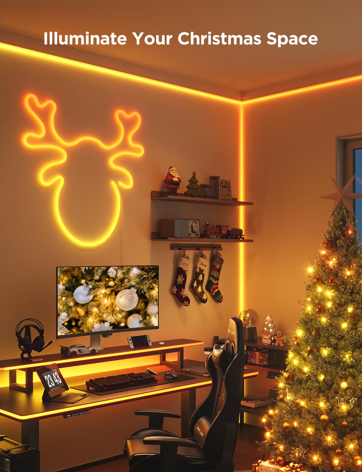 Govee RGBIC Gaming Lights, 3M Neon Rope Lights Soft Lighting for Gaming Desks, LED Strip Lights Syncing with Razer Chroma, Support Cutting, Smart App Control, Music Sync, Adapter