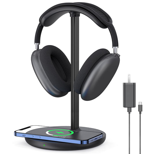 Headphone Stand with Wireless Charger, Gaming Headset Holder Hanger Rack 2 IN 1 Wireless Charging Station Dock for iPhone 15/14/13/12/11 Series, Samsung, AirPods Pro/3/2 and Desk All Headphones, Black