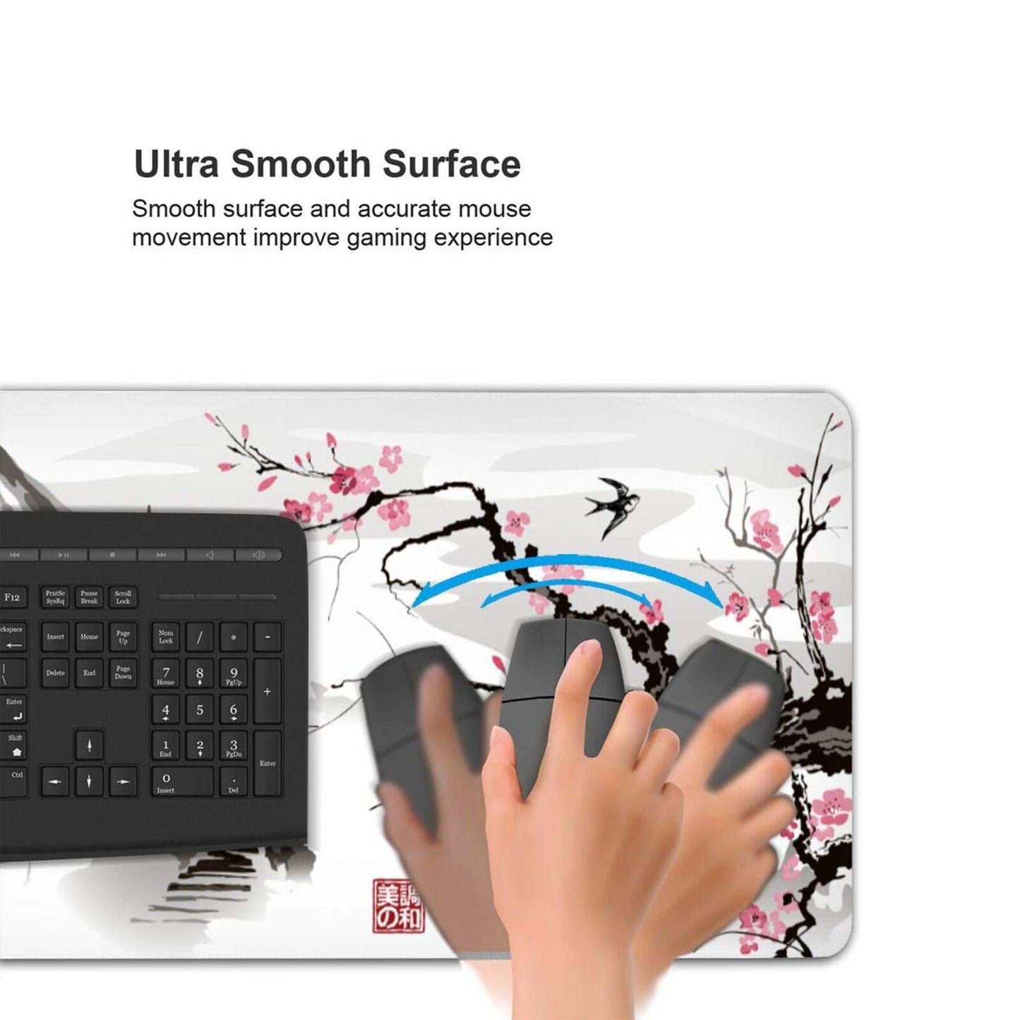 Japanese Cherry Blossom White Gaming Mouse Pad XL, Extended Large Mouse Mat Desk Pad, Stitched Edges Mousepad, Long Nonslip Rubber Base Mice Pad, 31.5 X 11.8 Inch