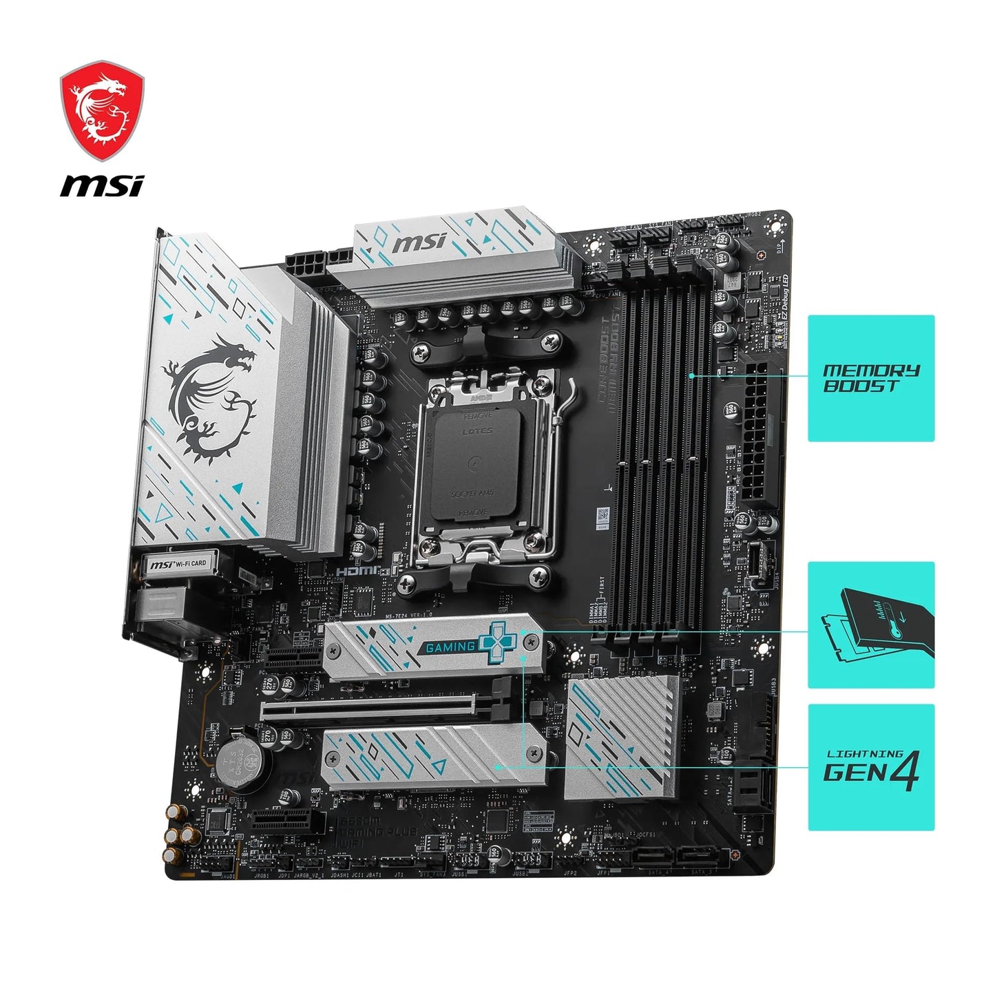MSI B650M Gaming Plus WiFi Motherboard, mATX - Supports Ryzen 9000, 8000 & 7000 Processors, AM5 - DDR5 Memory Boost 7800+ MHz/OC, PCIe 4.0 x16, M.2 Gen4, Wi-Fi 6E