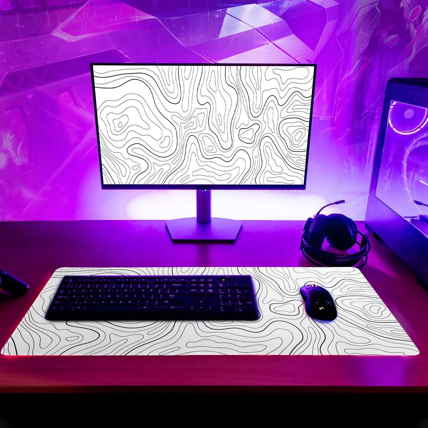 Siski Topographic Contour White Gaming Mouse Pad XL Geographic Map Lines Extended Big Large Desk Mat Non-Slip Rubber Base Stitched Edge Long Keyboard Mousepad for PC Computer Laptop,31.5x11.8 Inch