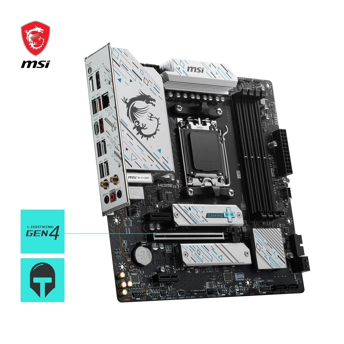 MSI B650M Gaming Plus WiFi Motherboard, mATX - Supports Ryzen 9000, 8000 & 7000 Processors, AM5 - DDR5 Memory Boost 7800+ MHz/OC, PCIe 4.0 x16, M.2 Gen4, Wi-Fi 6E