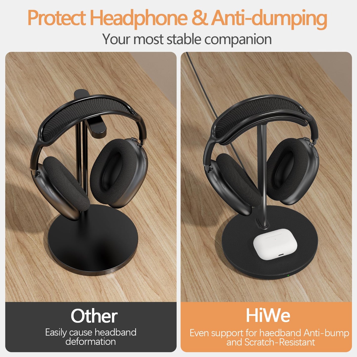 Headphone Stand with Wireless Charger, Gaming Headset Holder Hanger Rack 2 IN 1 Wireless Charging Station Dock for iPhone 15/14/13/12/11 Series, Samsung, AirPods Pro/3/2 and Desk All Headphones, Black